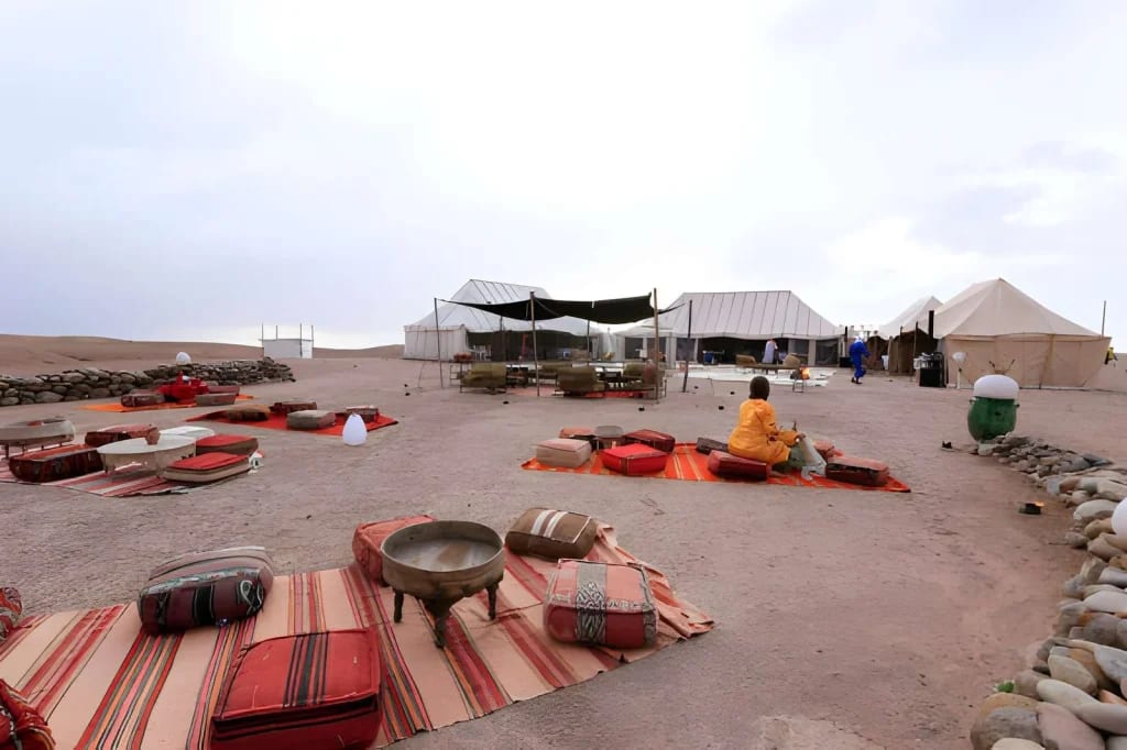 Agafay Desert camp near Marrakech at sunset