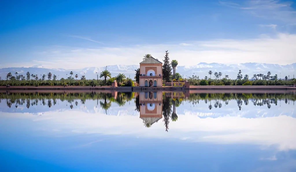 Menara Gardens pavilion, reflection pool and Atlas Mountains